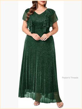 Plus Size Sparkly Flutter Sleeve V-Neck A-Line Maxi Dress Formal Evening Gown